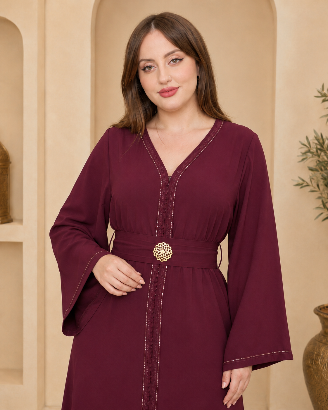 Caftan Brodé – Crêpe Fluide avec Ceinture Assortie