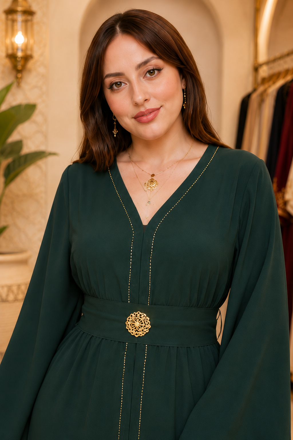 Caftan Brodé – Crêpe Fluide avec Ceinture Assortie