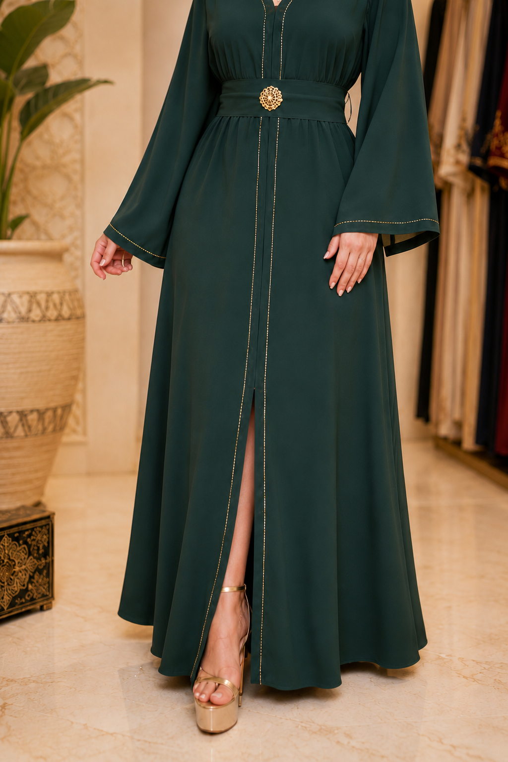 Caftan Brodé – Crêpe Fluide avec Ceinture Assortie