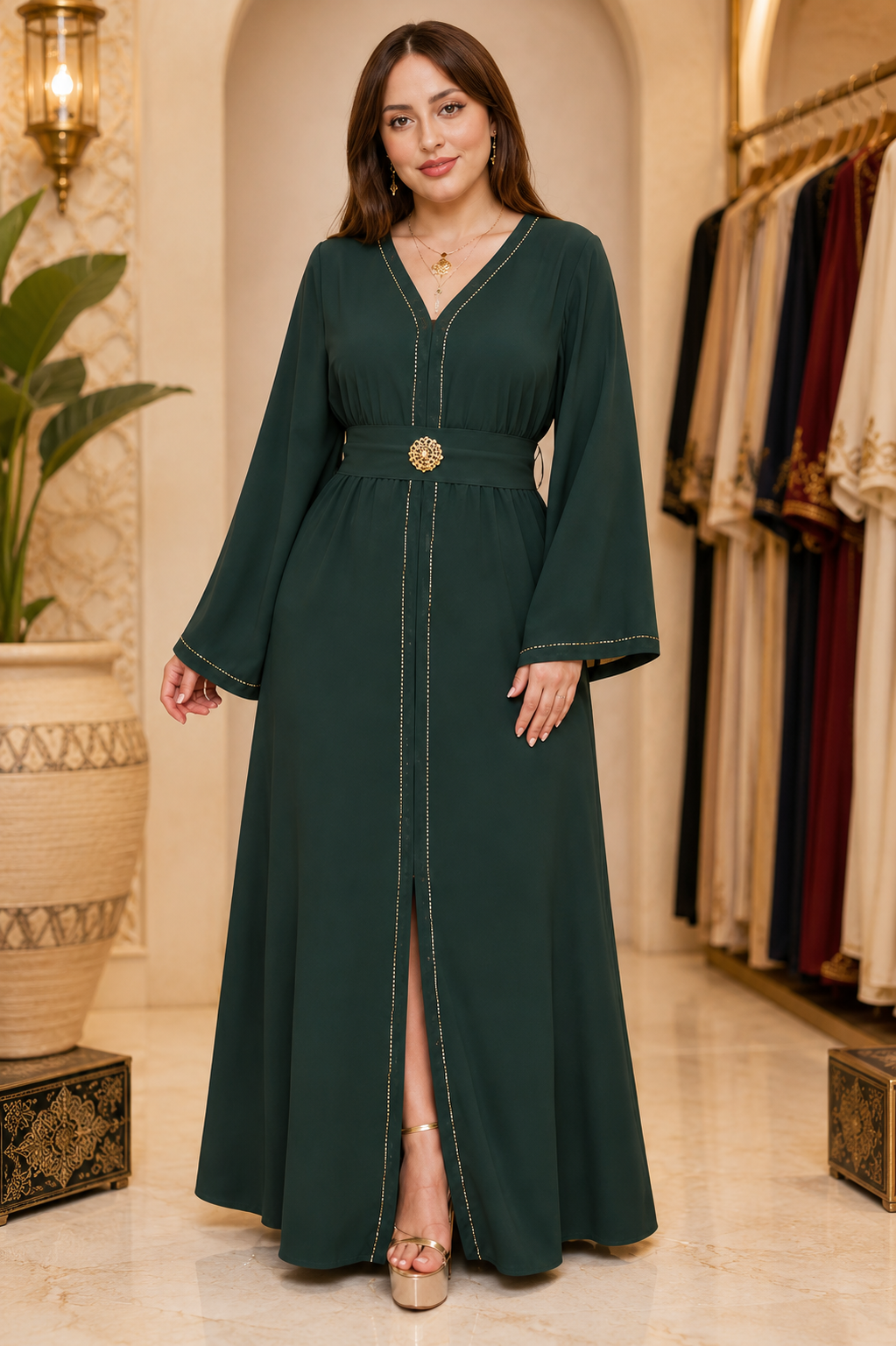 Caftan Brodé – Crêpe Fluide avec Ceinture Assortie