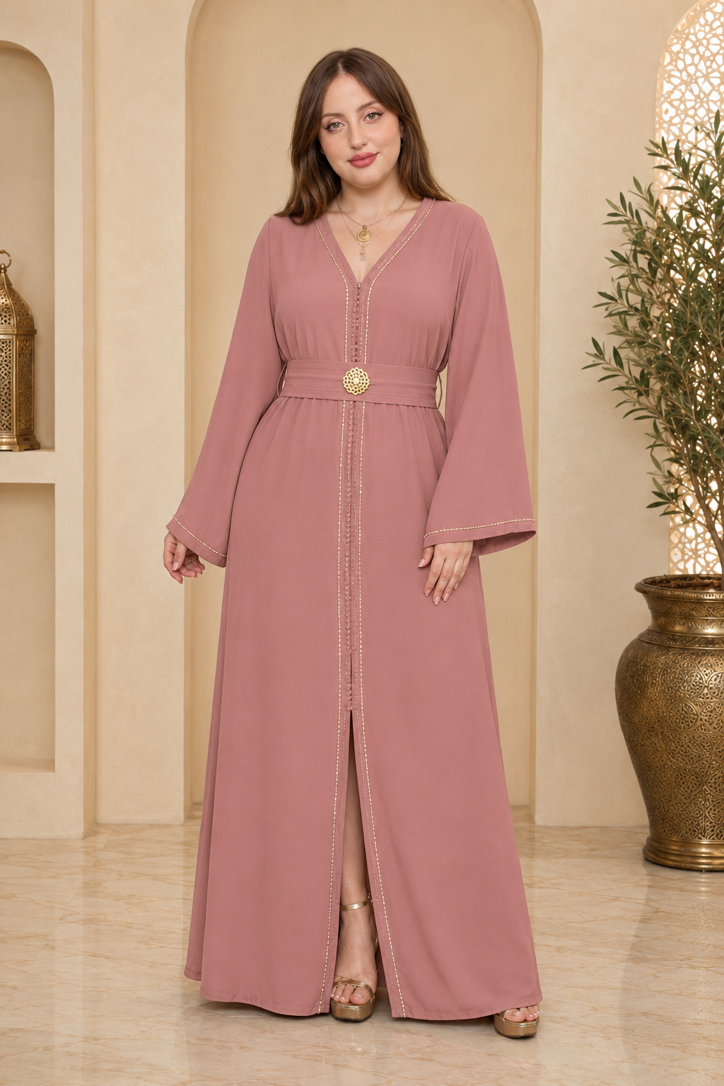 Caftan Brodé – Crêpe Fluide avec Ceinture Assortie